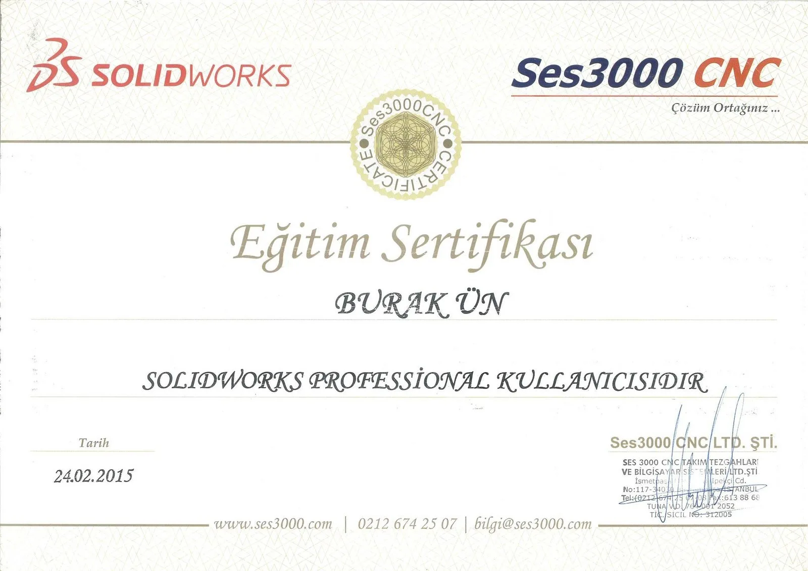 SolidWorks Professional Kullanıcı Sertifikası — Ses3000 CNC