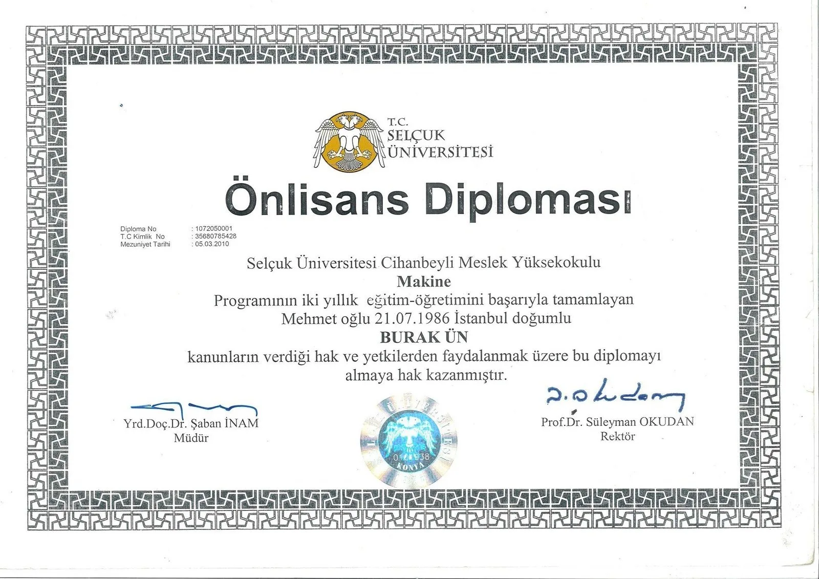 Önlisans Diploması — Makine — Selçuk Üniversitesi