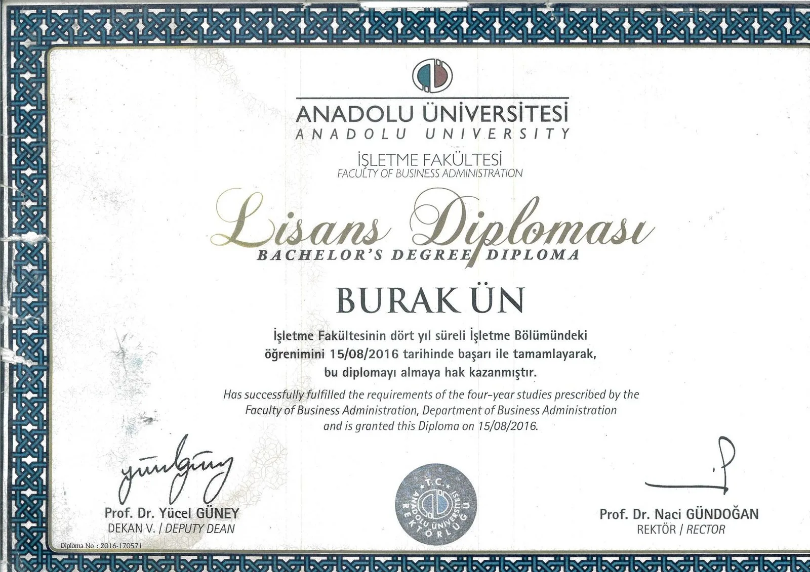 Lisans Diploması — İşletme Fakültesi — Anadolu Üniversitesi