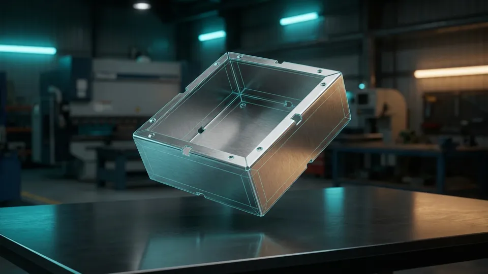 SolidWorks tarzı sac metal muhafaza CAD render
