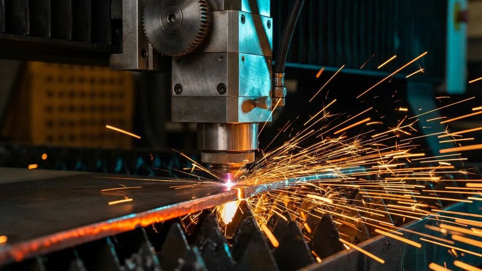 CNC fiber lazer kafası sac levhayı keserken makro çekim